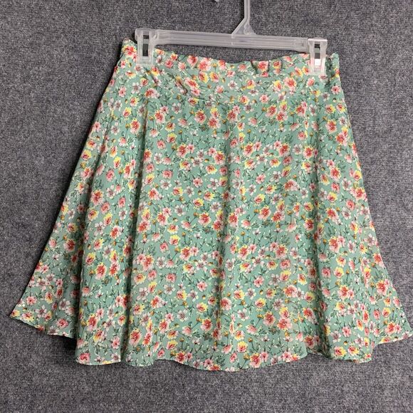 Poof Floral Mini Skater’s Skirt Women M Green Pink Lined Chiffon Pull On - Picture 1 of 9